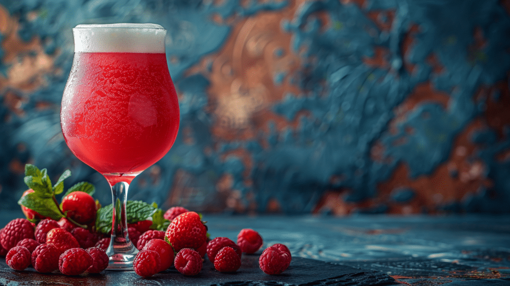 How are Sour Beers Made? An artistic shot of a sour beer with raspberries and strawberries.