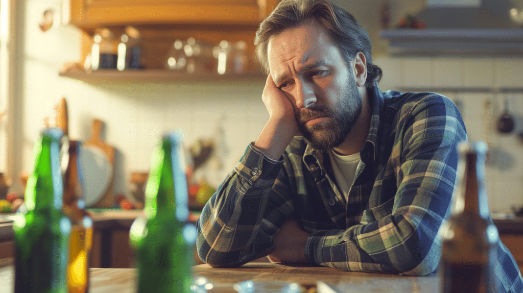 man in plaid shirt sitting at table with beer bottles, in the style of somber mood, hungover
