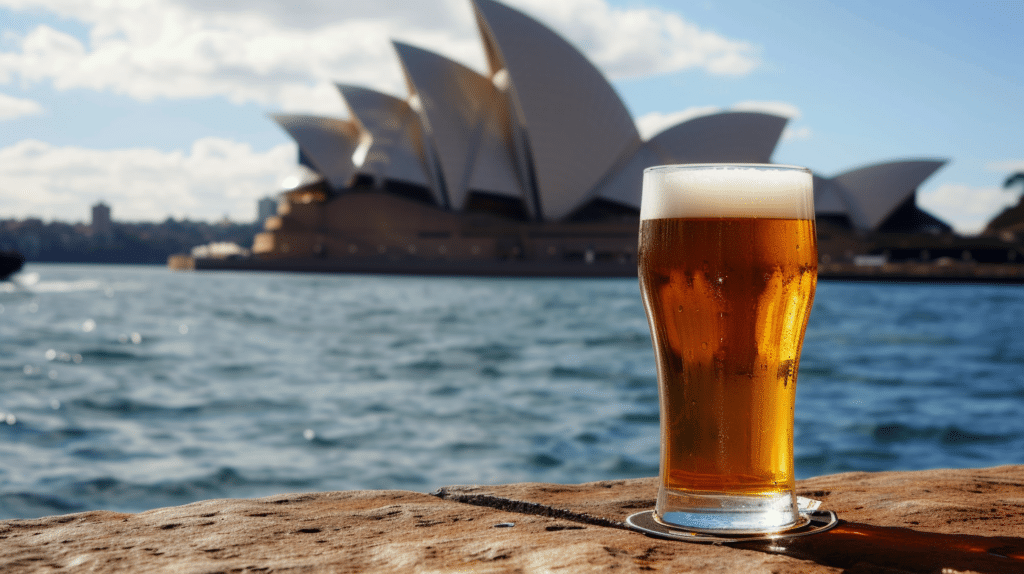 A pint of beer in front of the Sydney Opera House.