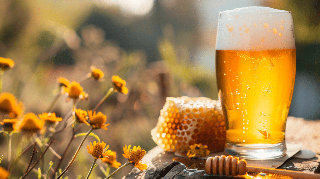 a golden beer next to honey
